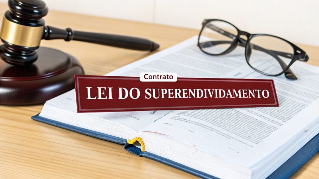 Martelo de juiz, livro e óculos com banner "LEI DO SUPERENDIVIDAMENTO" e "Contrato". Tema de legislação sobre dívidas.
