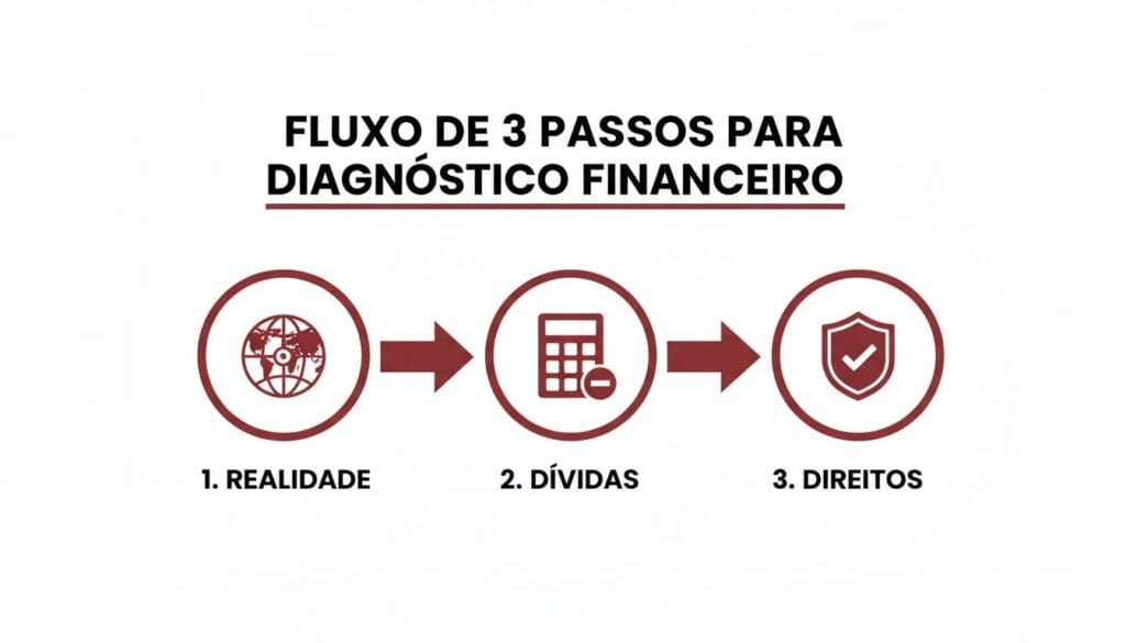 Fluxo de 3 passos para diagnóstico financeiro, mostrando Realidade, Dívidas e Direitos com seus ícones.
