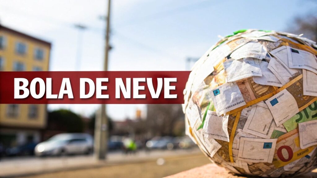 Bola coberta com notas de dinheiro e papéis, com texto 'BOLA DE NEVE' em faixa vermelha, fundo urbano.