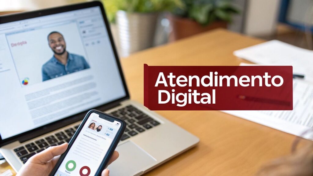 Pessoa usando smartphone e laptop com banner 'Atendimento Digital', ilustrando interação e comunicação online.