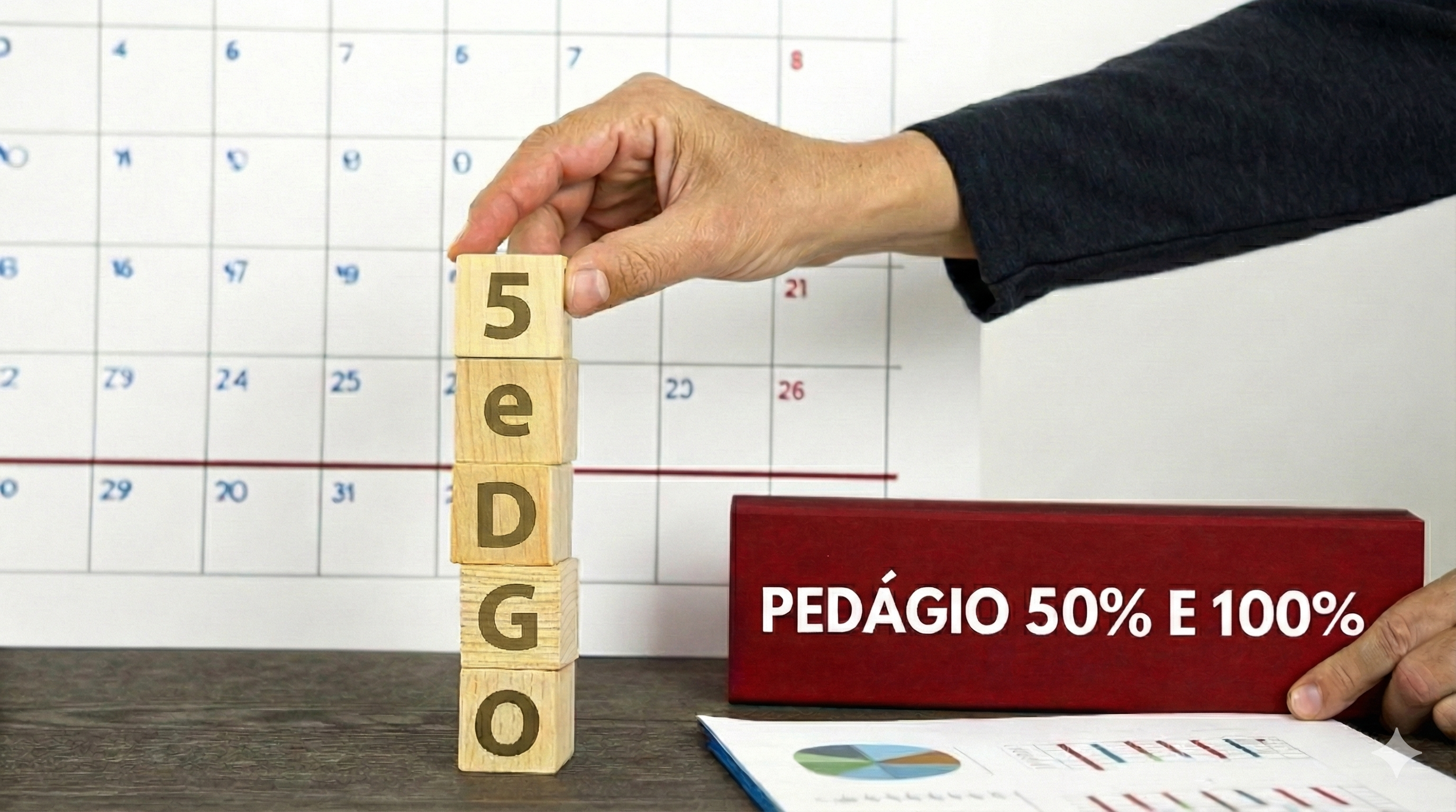 Mão colocando blocos de madeira sobre uma mesa, com calendário e caixa vermelha exibindo 'PEDAGIO 50% E 100%'. Gráficos visíveis.
