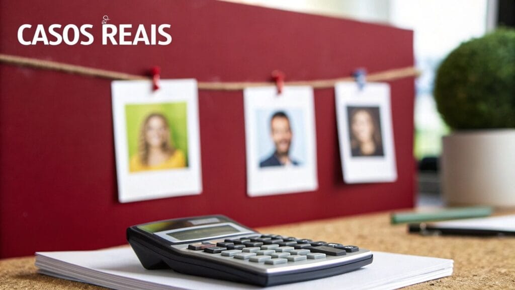 Quadro vermelho com fotos de pessoas, calculadora e texto 'CASOS REAIS', representando a gestão de casos.
