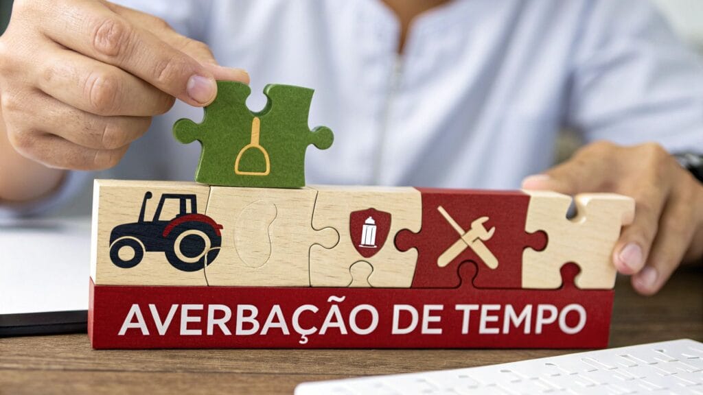 Mãos montando um quebra-cabeça com ícones de profissões e texto 'AVERBAÇÃO DE TEMPO', simbolizando o serviço.
