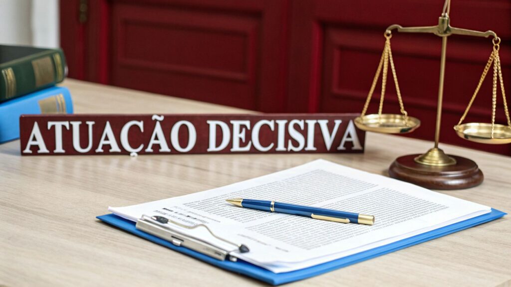 Mesa de escritório com balança da justiça, livros, documentos e uma placa que diz 'Atuação Decisiva'.
