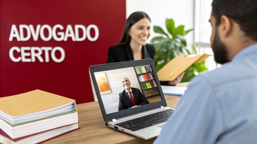 Consulta jurídica com advogado via vídeo em laptop e cliente em escritório, sob letreiro 'Advogado Certo'.
