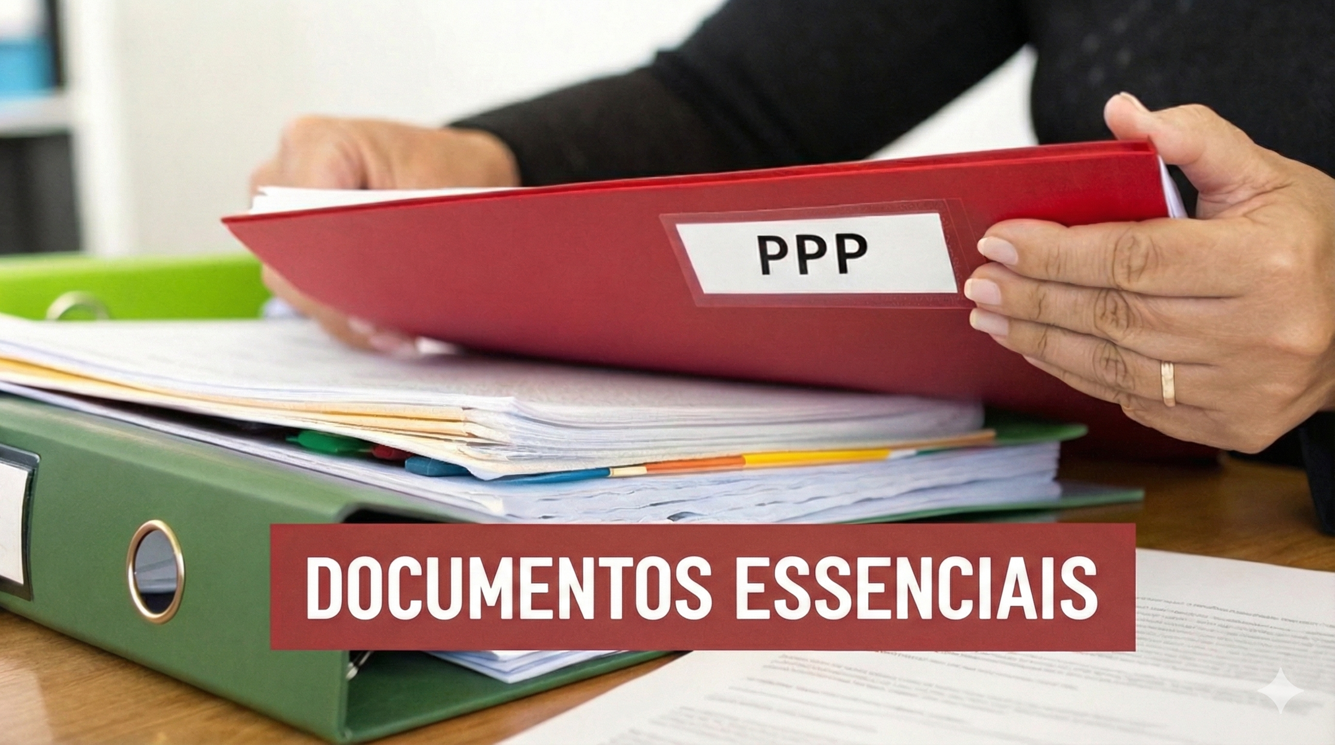 Mãos organizando documentos importantes em pastas coloridas, incluindo uma pasta vermelha com 'PPP' e o texto 'Documentos Essenciais'.
