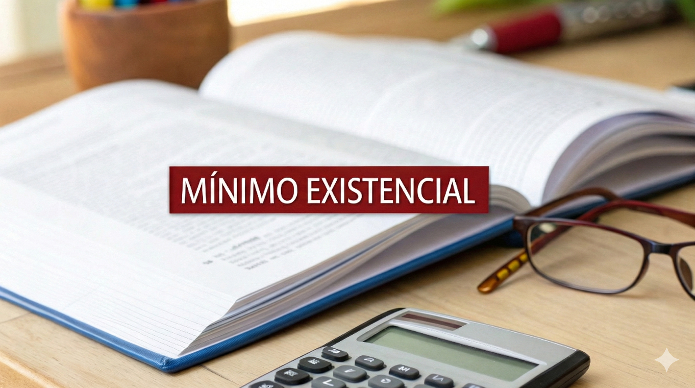 Livro aberto, calculadora e óculos sobre a mesa, com a frase 'Mínimo Existencial' destacada, simbolizando análise financeira e jurídica.