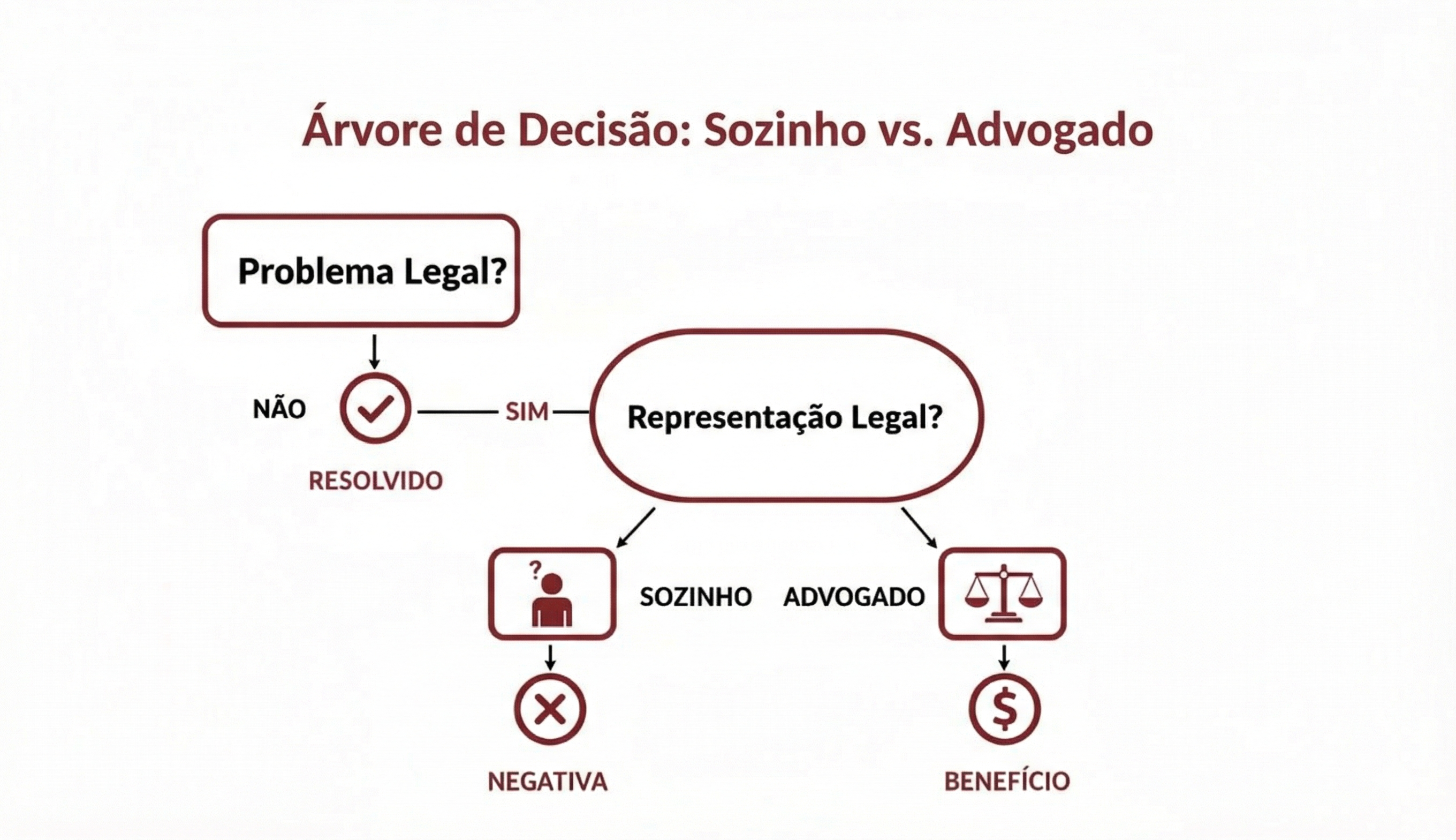 Uma árvore de decisão sobre como resolver um problema legal, comparando ações sozinho e com um advogado.
