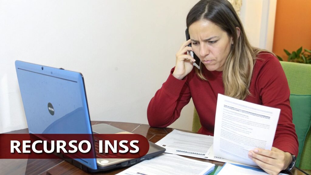 Mulher séria fala ao telefone enquanto analisa documentos e um laptop, com texto RECURSO INSS.