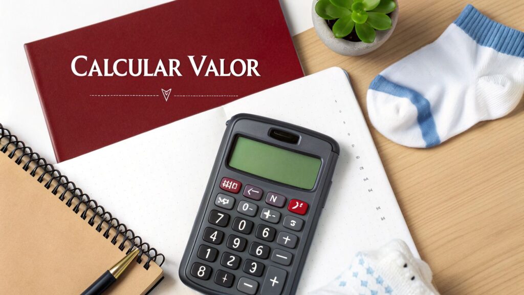 Uma calculadora, cadernos, caneta, planta e meias de bebê, com um livro vermelho 'CALCULAR VALOR', simbolizando planejamento financeiro.