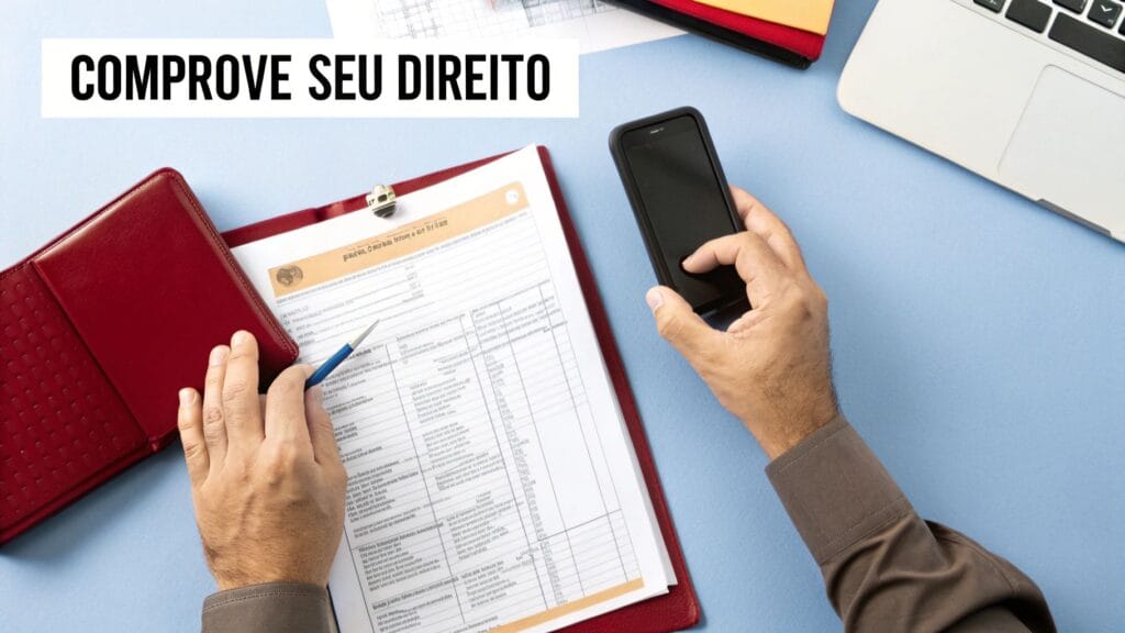 Mãos sobre documentos e smartphone, com laptop ao fundo e a frase "COMPROVE SEU DIREITO" para acessibilidade.
