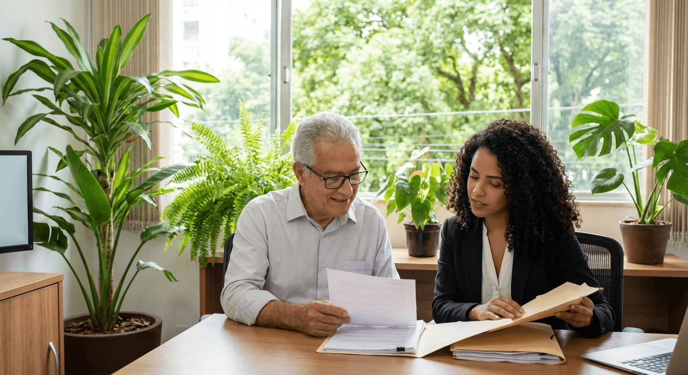 Cliente analisando documentos de aposentadoria com advogado em Belém