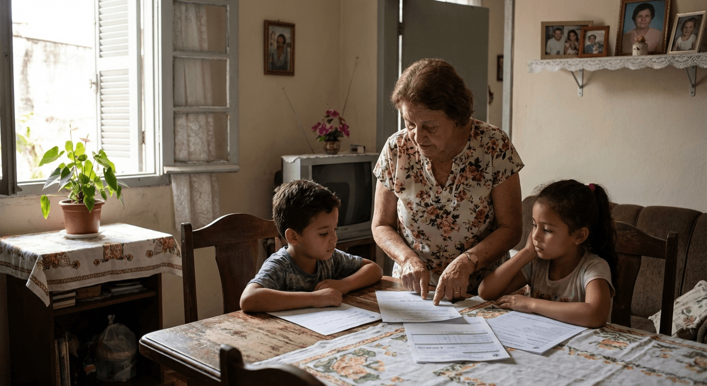 Família brasileira com avó e netos revisando documentos do BPC-LOAS em casa