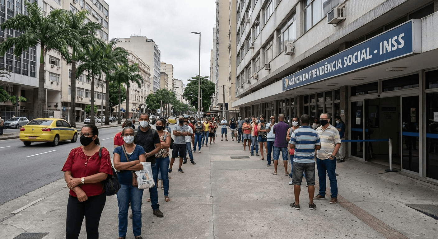 Fachada de agência do INSS com pessoas aguardando atendimento