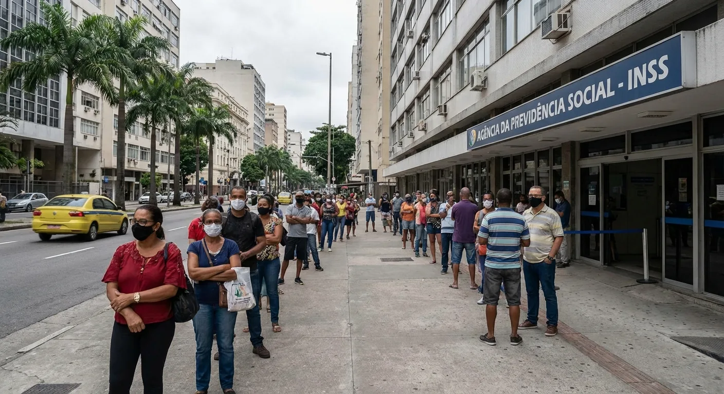 Fachada de agência do INSS com pessoas aguardando atendimento
