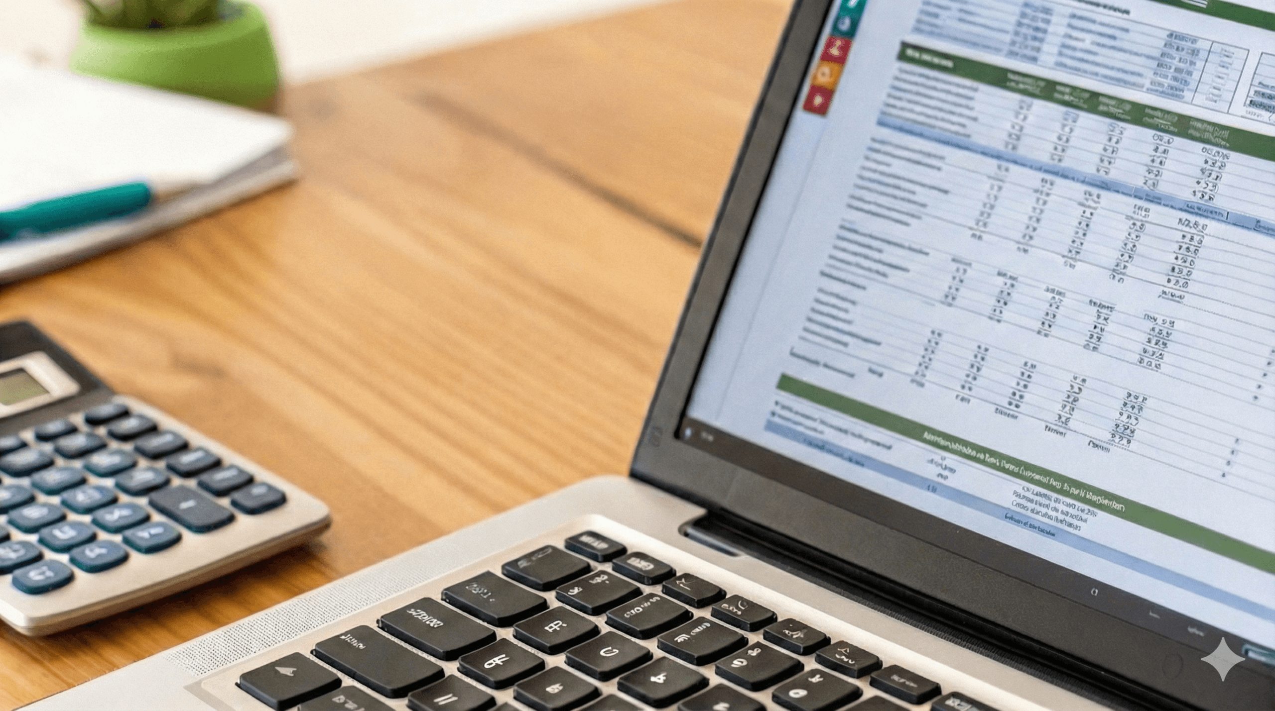 Imagem de um notebook com planilha de cálculos e uma calculadora