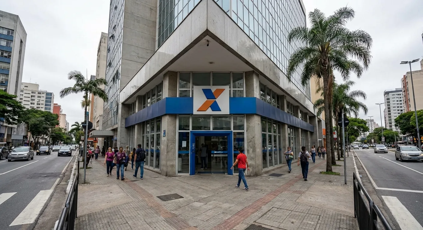 Fachada de agência da Caixa Econômica Federal em cidade brasileira