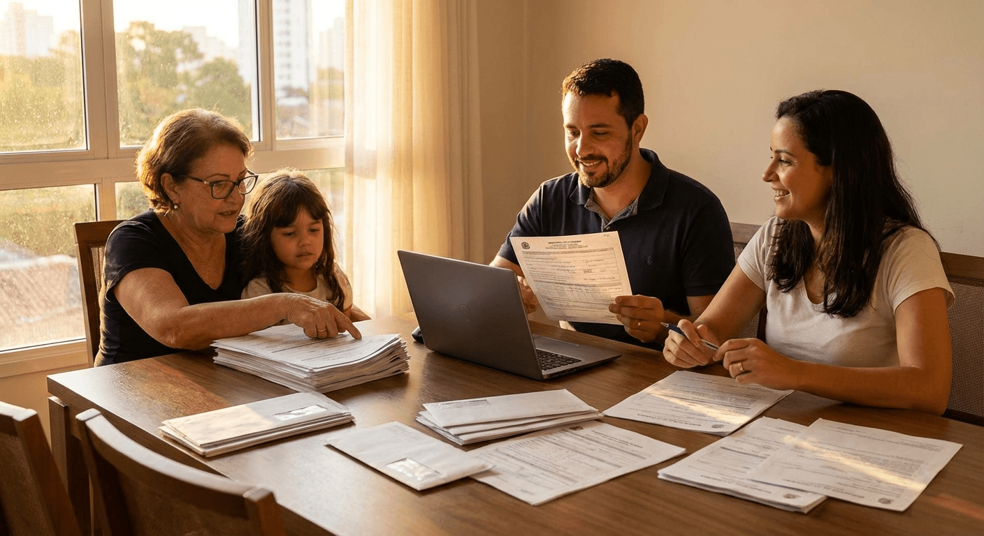 Família brasileira revisando documentos para solicitar o BPC LOAS com apoio de advogado