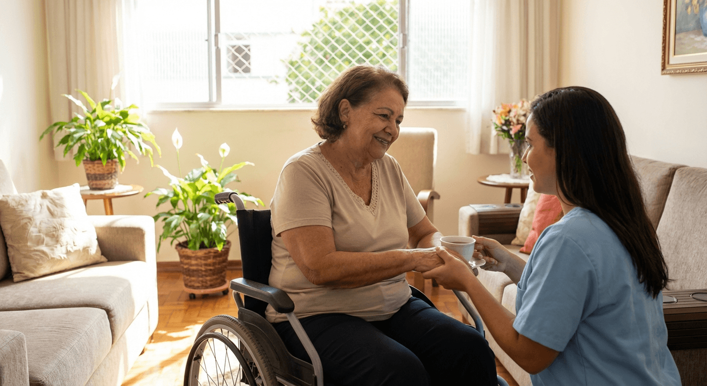 Pessoa em cadeira de rodas recebendo assistência domiciliar com dignidade