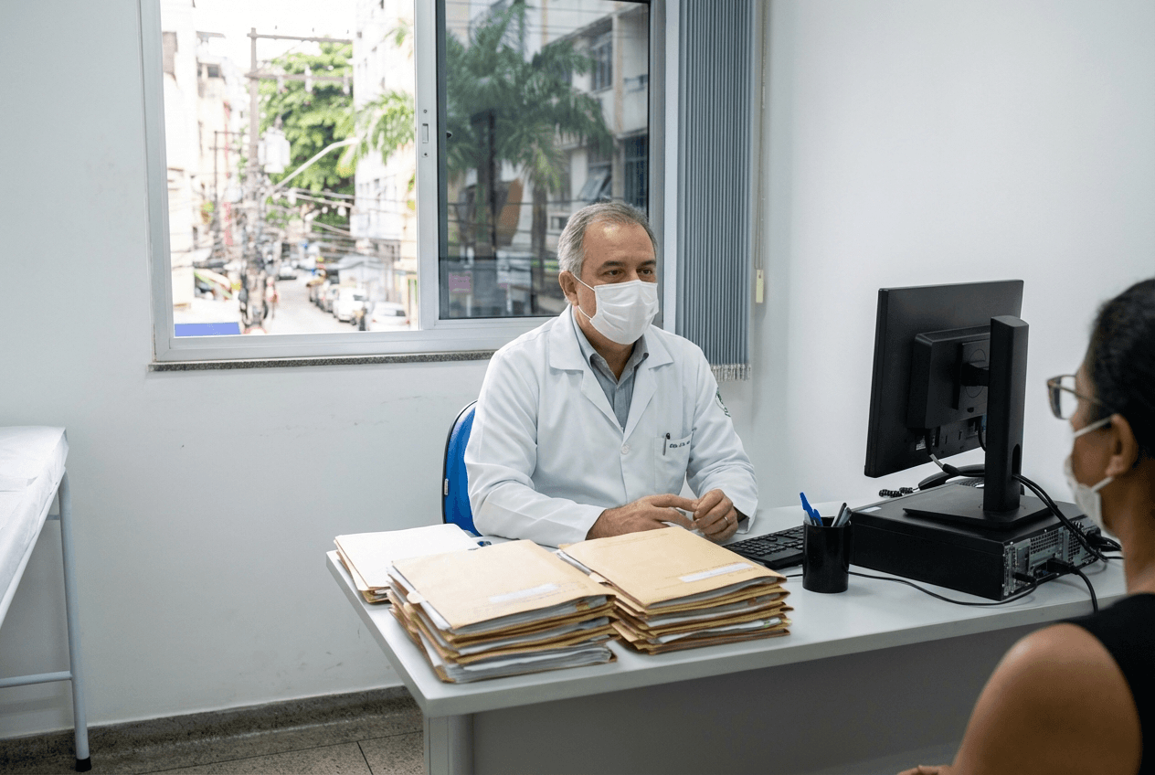 Consultório médico em hospital público brasileiro com médico e prontuários