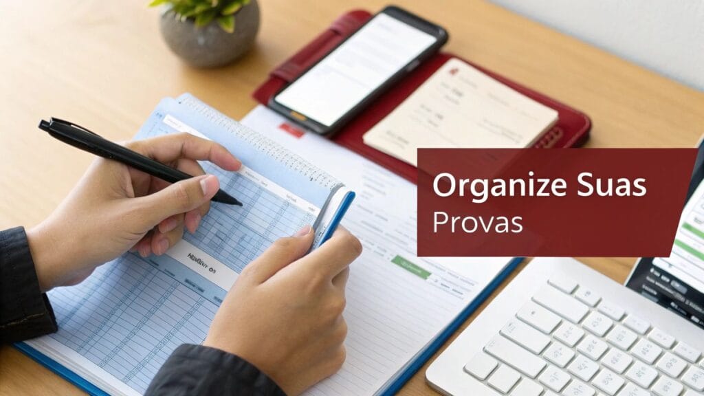 Mãos escrevendo em um caderno de planejamento com caneta, em uma mesa de trabalho com laptop e celular. Texto: 'Organize Suas Provas'.
