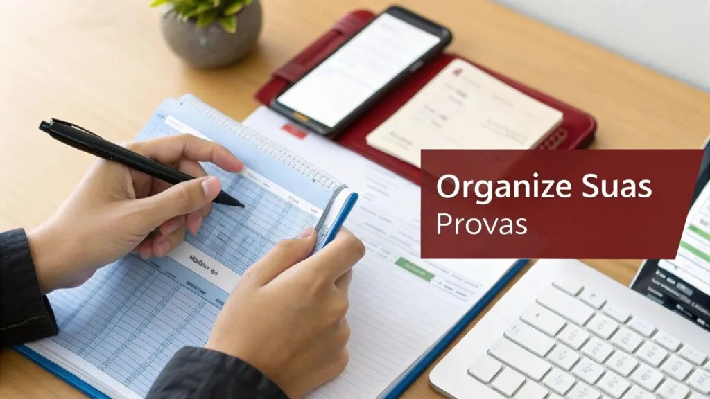 Mãos escrevendo em um caderno de planejamento com caneta, em uma mesa de trabalho com laptop e celular. Texto: 'Organize Suas Provas'.

