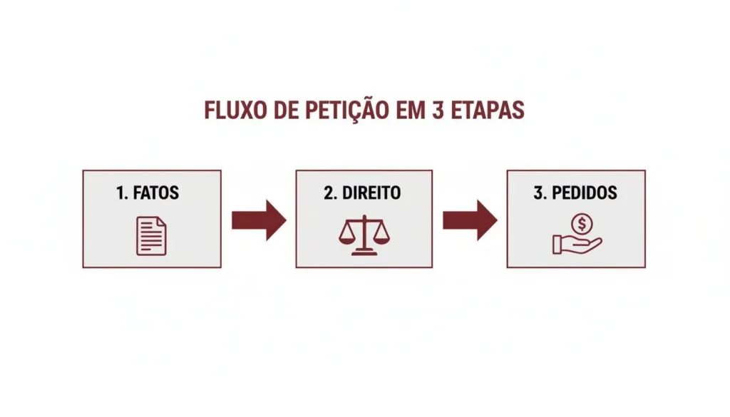 Fluxo de petição em 3 etapas com ícones para fatos (documento), direito (balança) e pedidos (mão com dinheiro).