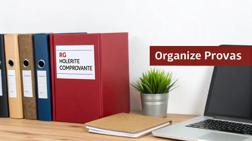 Mesa com fichários organizados, um deles com rótulo 'RG HOLERITE COMPROVANTE', e banner 'Organize Provas'.
