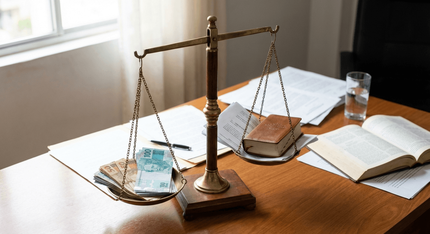 Balanca da justica com dinheiro e documentos