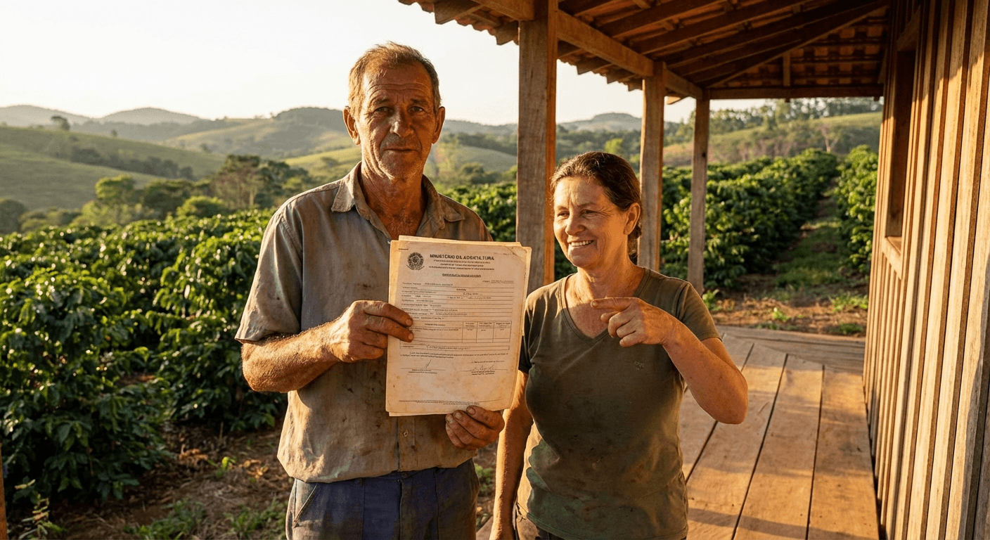 Casal de agricultores idosos mostrando documentos rurais em propriedade agrícola