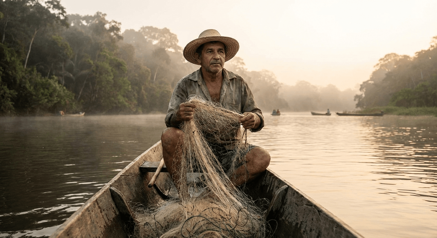 Pescador artesanal com rede de pesca em barco no rio Amazonas