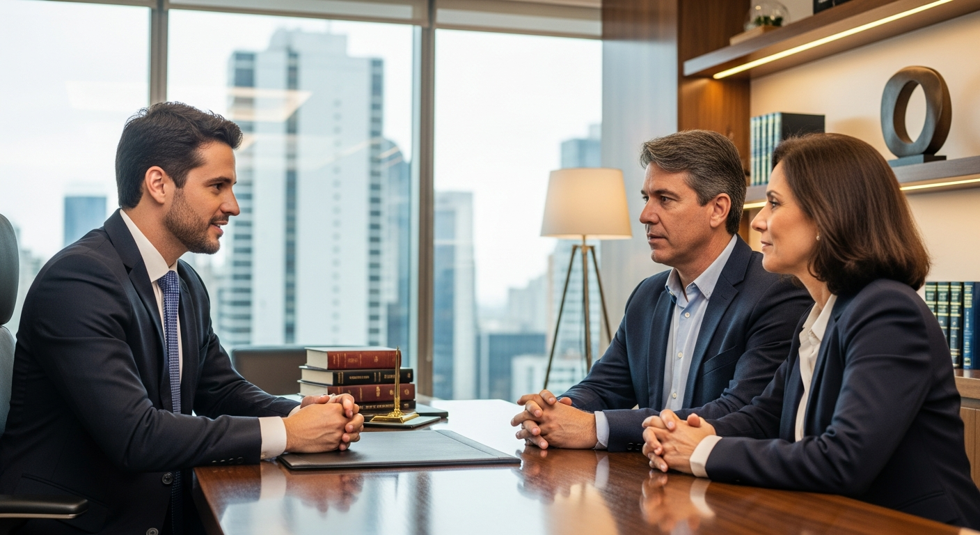Advogado atendendo cliente no escritório