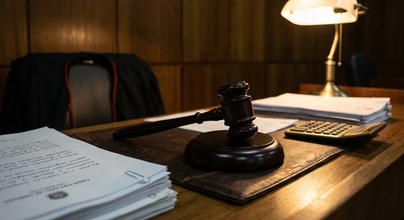 Martelo de juiz sobre mesa com documentos legais e calculadora em tribunal