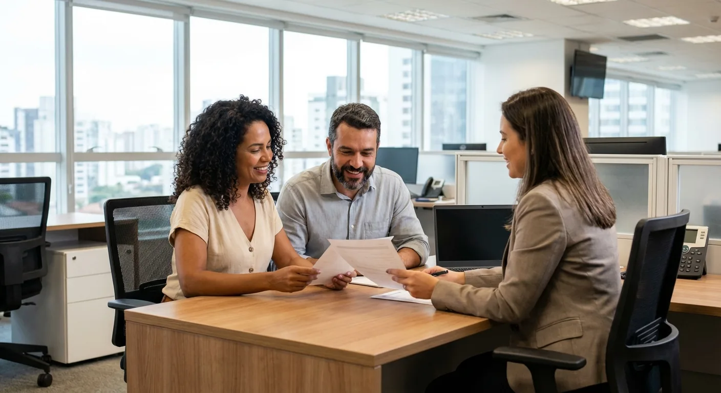 Casal brasileiro em reunião com consultor financeiro em agência bancária
