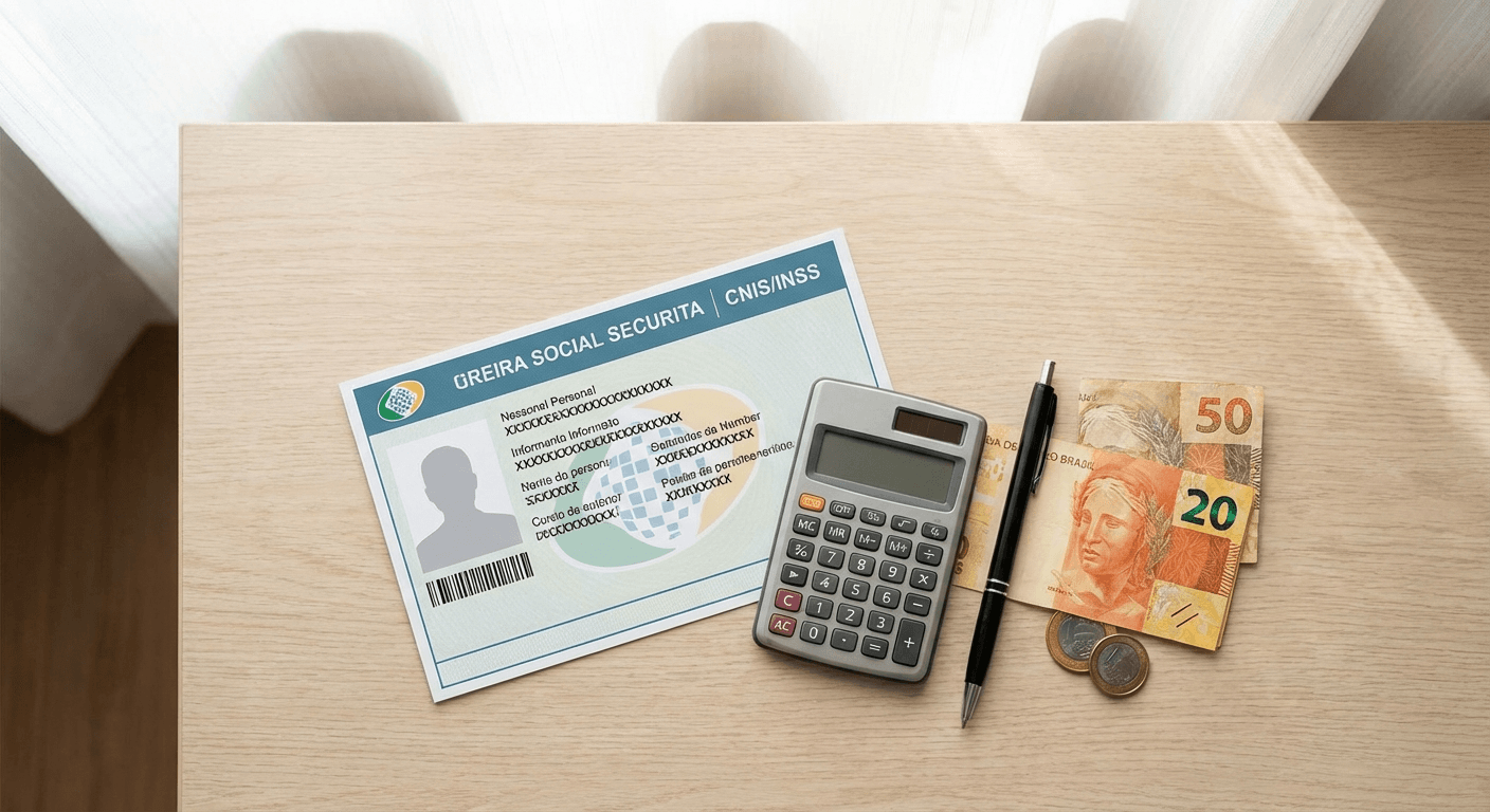 Cartão do INSS com calculadora, caneta e notas de real sobre mesa