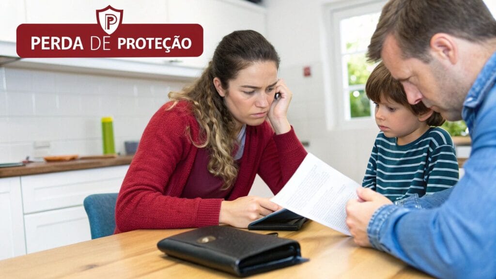 Família preocupada lendo documentos, com pai, mãe e filho em torno de uma mesa, e texto 'Perda de Proteção'.

