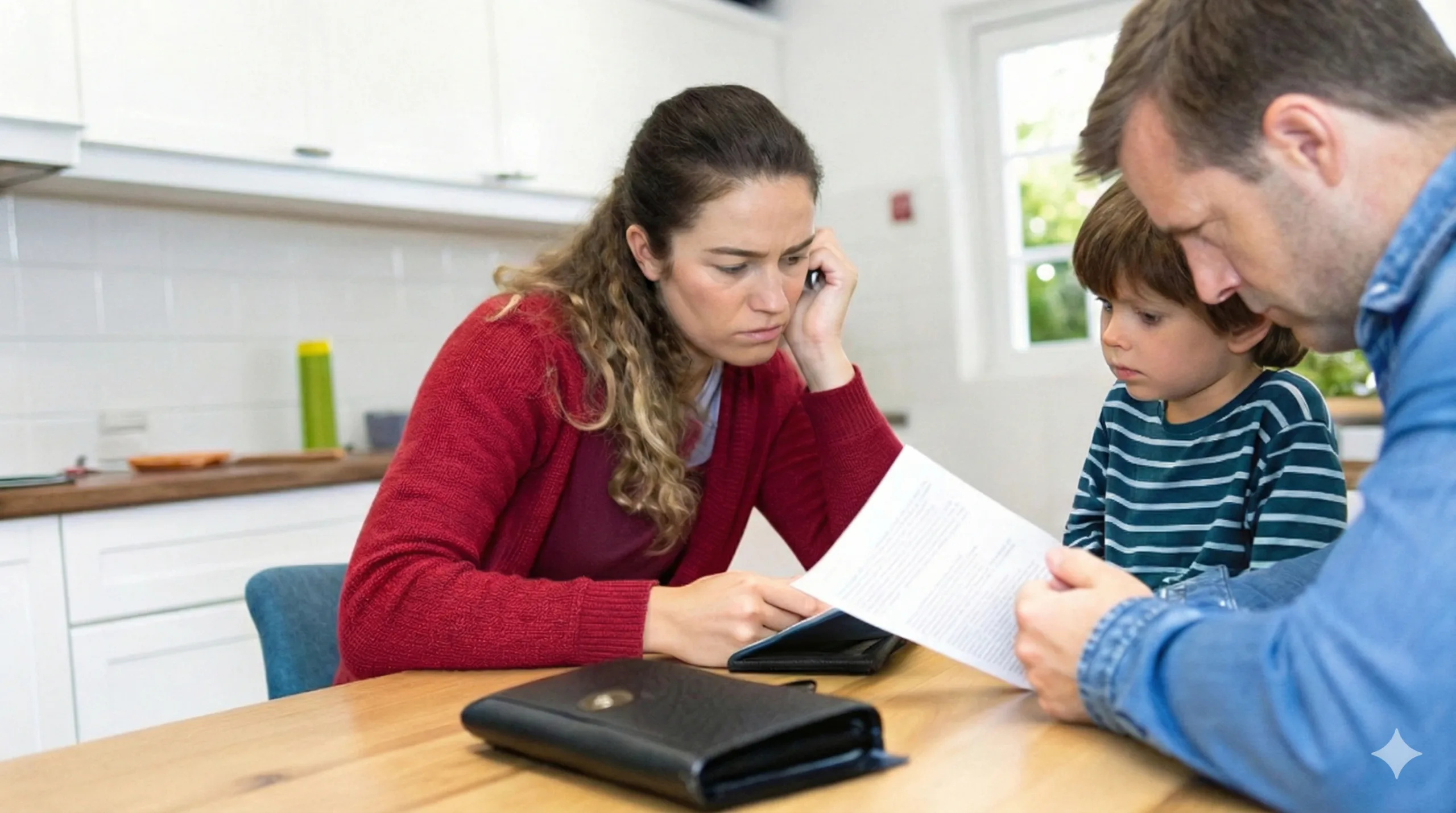 Família preocupada lendo documentos, com pai, mãe e filho em torno de uma mesa.