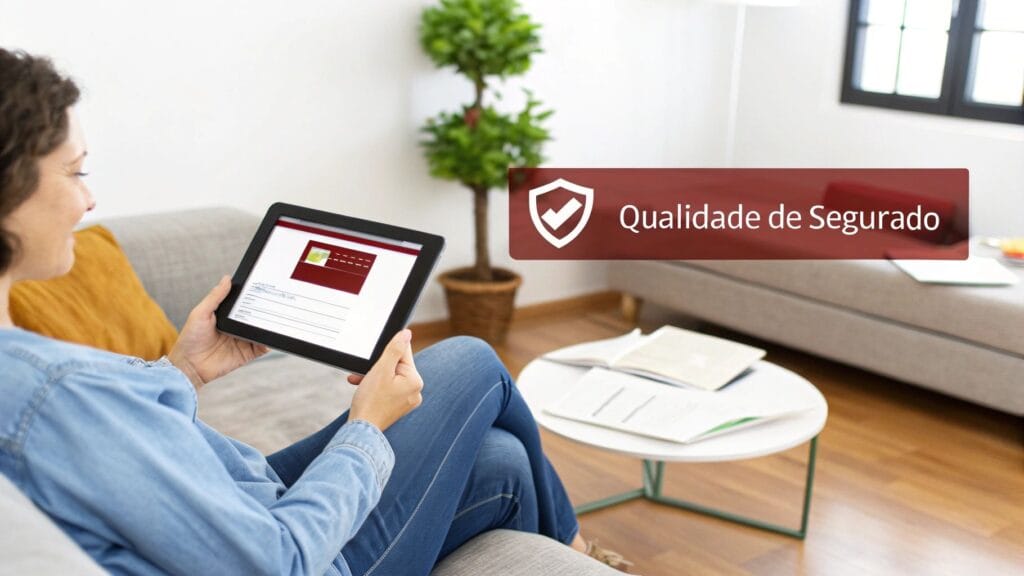 Mulher sorridente no sofá usa tablet, visualizando informações sobre Qualidade de Segurado com ícone de proteção.
