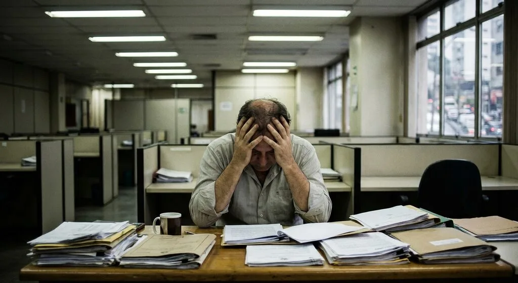 Trabalhador sob pressão no ambiente de trabalho — assédio moral, como nuvens negras, mensagens negativas e relógios (representando pressão excessiva). Simbolizando o assedio moral no trabalho