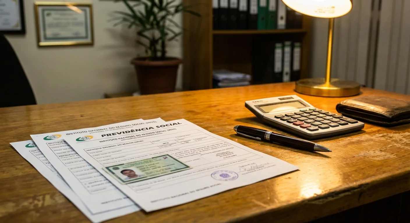 Documentos do INSS sobre auxílio-acidente em mesa de escritório com formulários e caneta