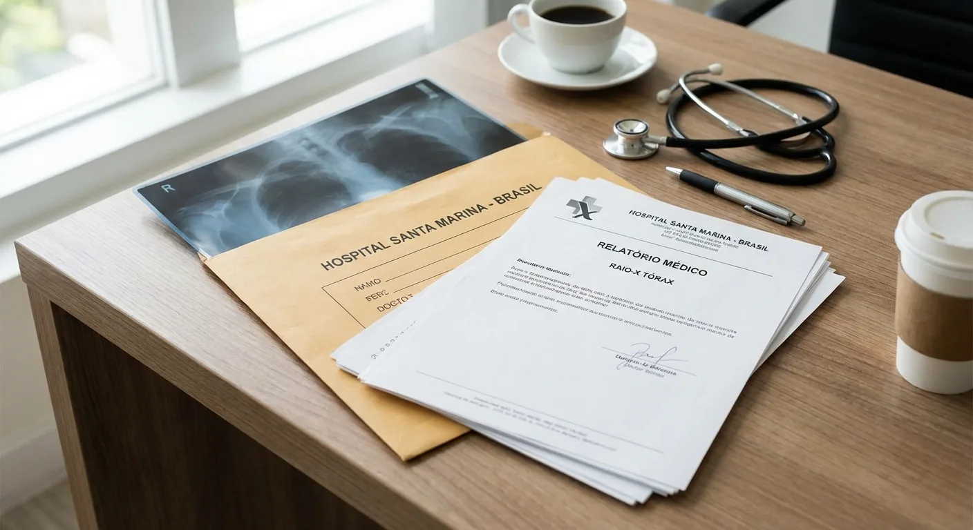 Laudos médicos e exames radiológicos sobre mesa de consultório para perícia do INSS