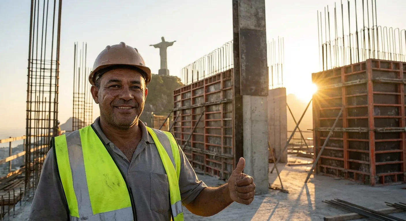 Trabalhador brasileiro com capacete de segurança retornando ao trabalho após recuperação de acidente
