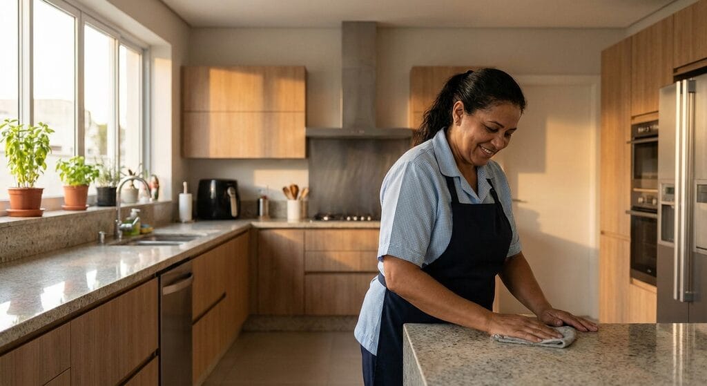 Empregada doméstica trabalhando em cozinha residencial