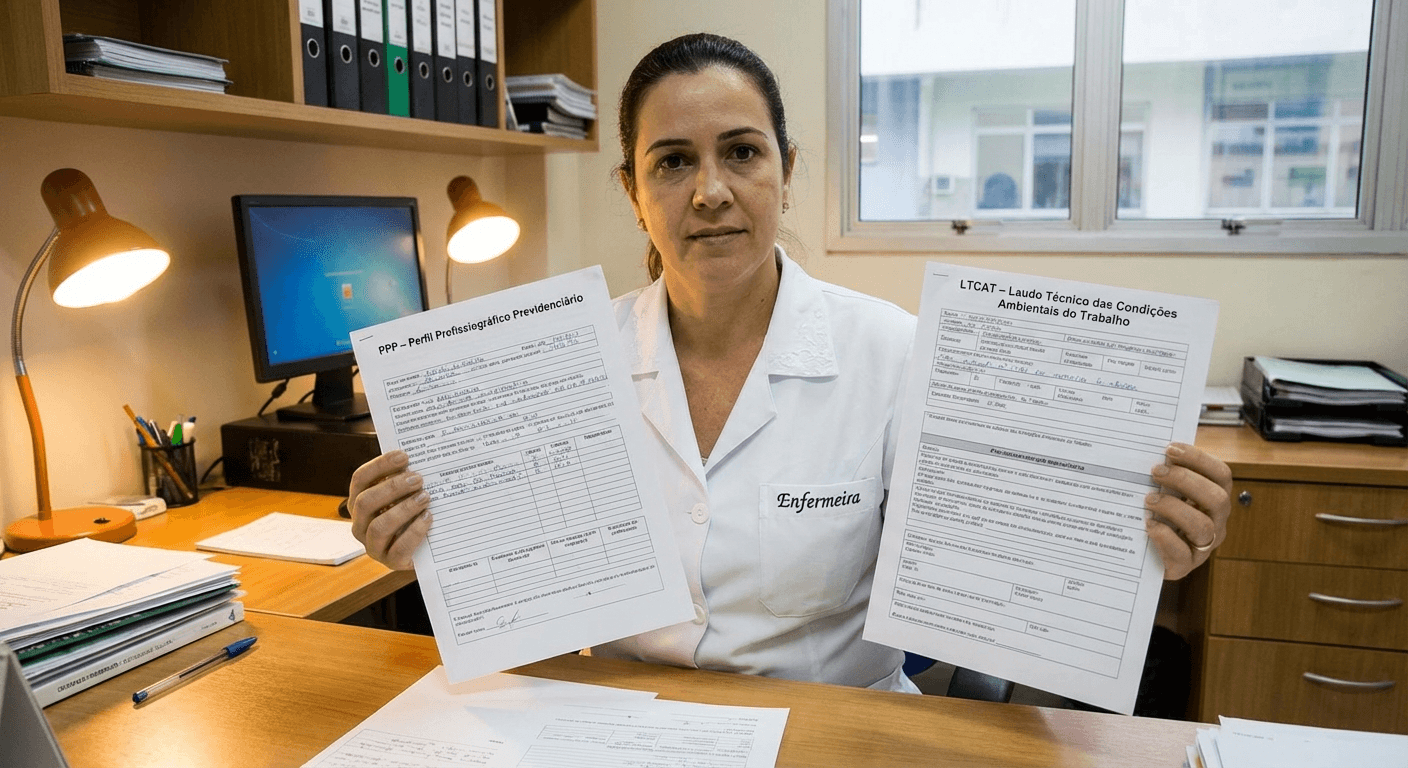 Enfermeira brasileira com documentos PPP e LTCAT necessários para aposentadoria especial no INSS