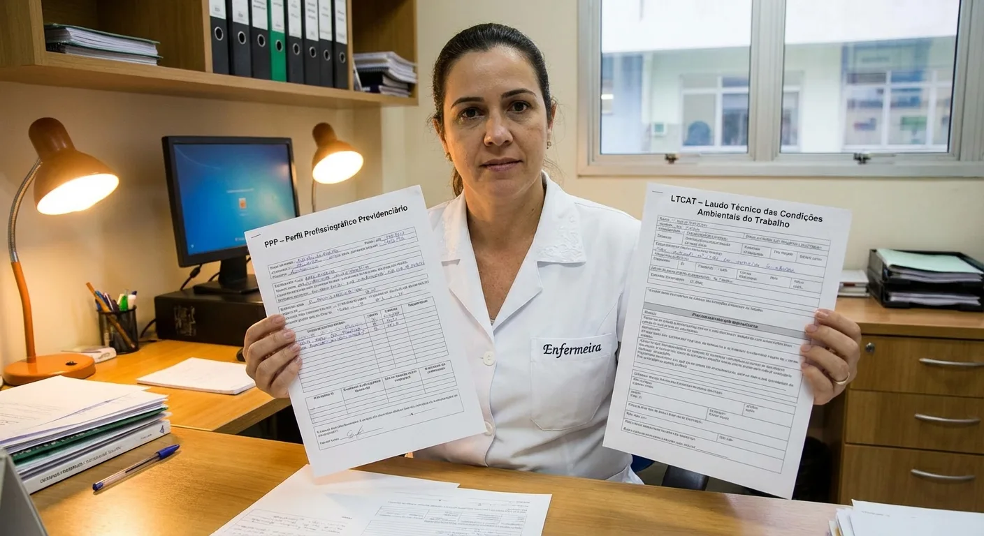 Enfermeira brasileira com documentos PPP e LTCAT necessários para aposentadoria especial no INSS