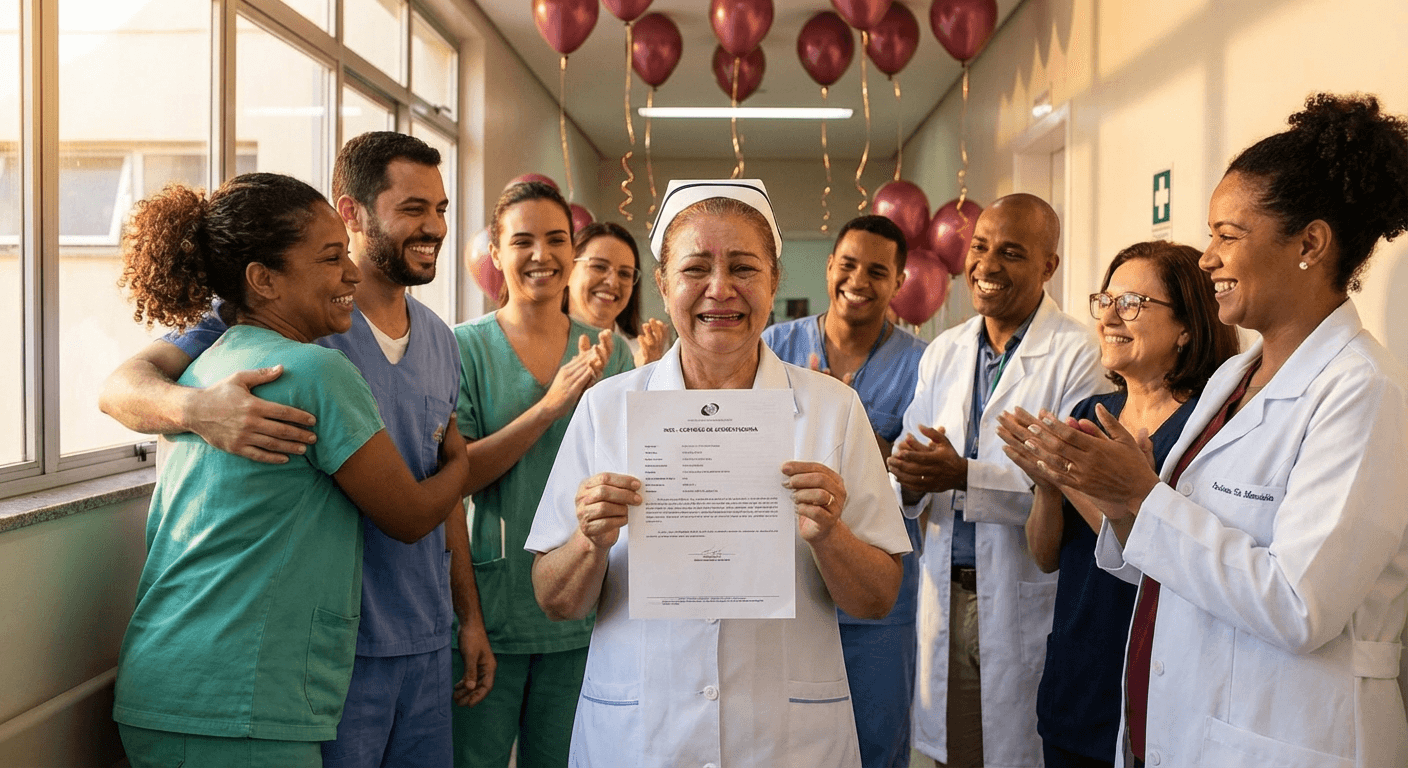 Enfermeira brasileira comemorando concessão da aposentadoria especial por insalubridade