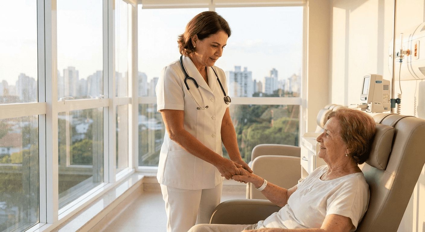 Enfermeira brasileira em uniforme branco atendendo paciente idoso no hospital