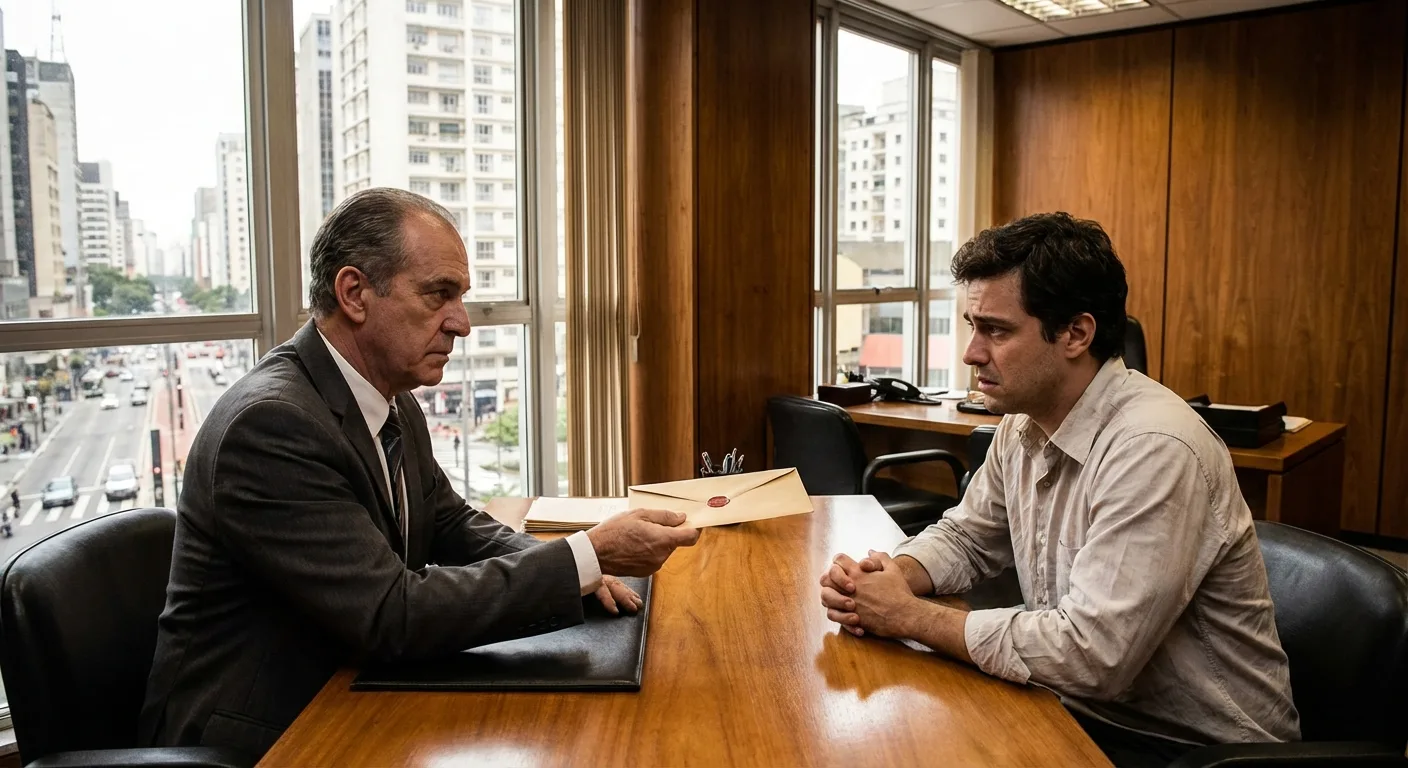 Trabalhador preocupado recebendo carta de demissão por justa causa do empregador