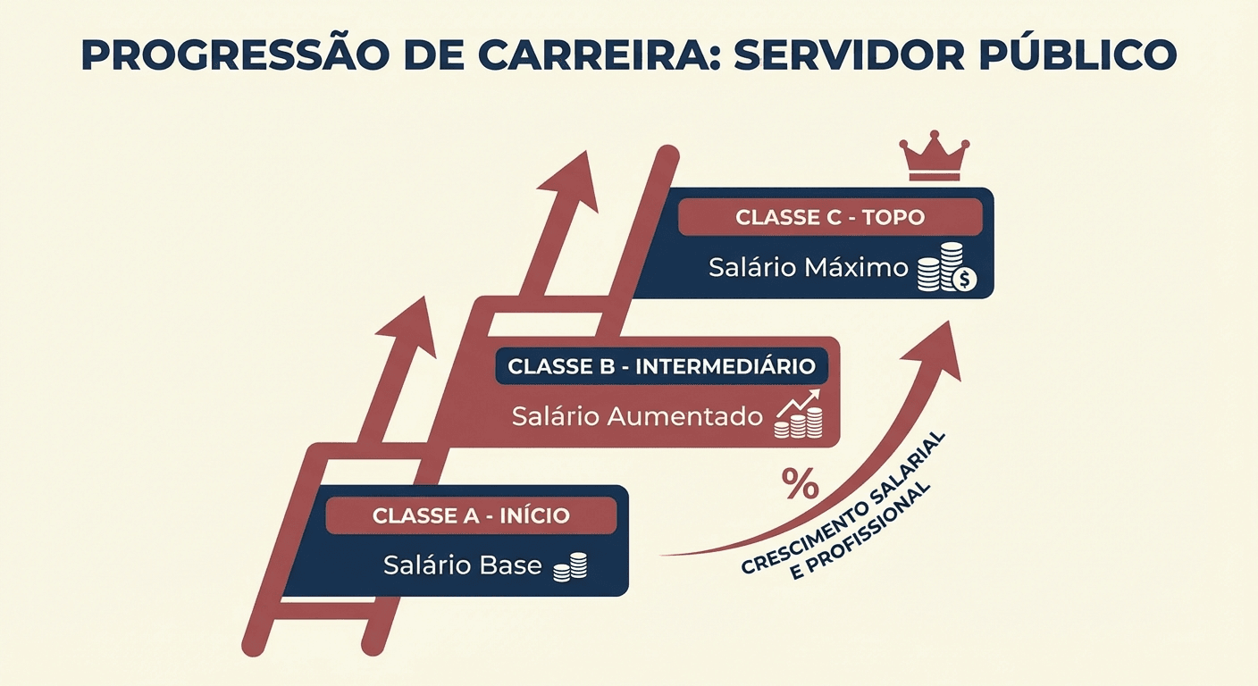 Infográfico mostrando a progressão de classes na promoção do servidor público