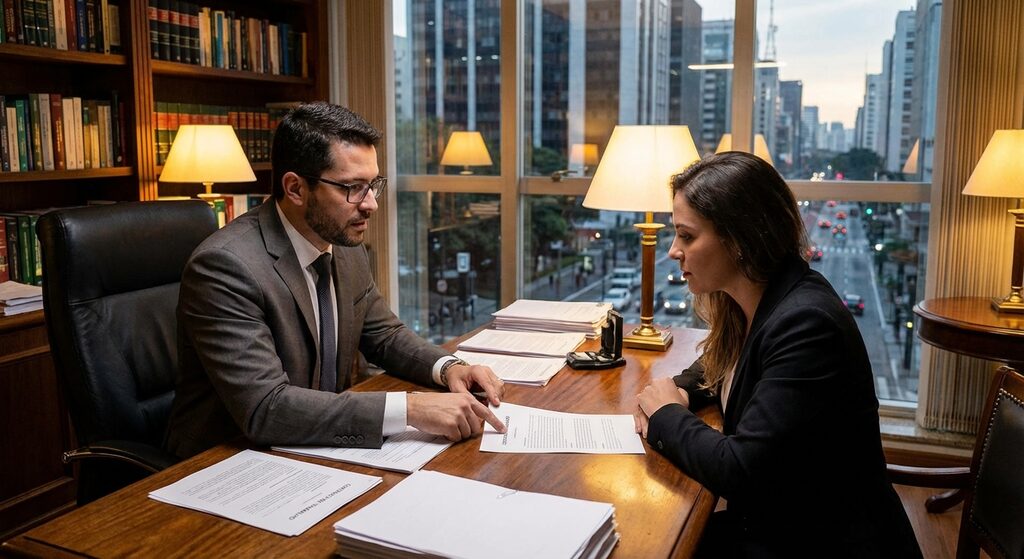 Pessoa saindo confiante de prédio comercial ao pôr do sol